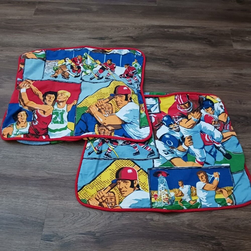 2 Vtg 60s Pillow Shams Cotton‎ Fabric Sports Motif 23 x 17
